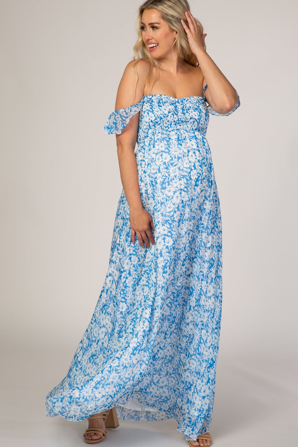 Blue Floral Flutter Sleeve Maternity Maxi Dress from PinkBlush