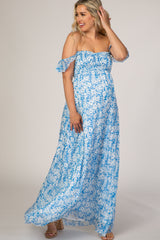Blue Floral Flutter Sleeve Maternity Maxi Dress from PinkBlush