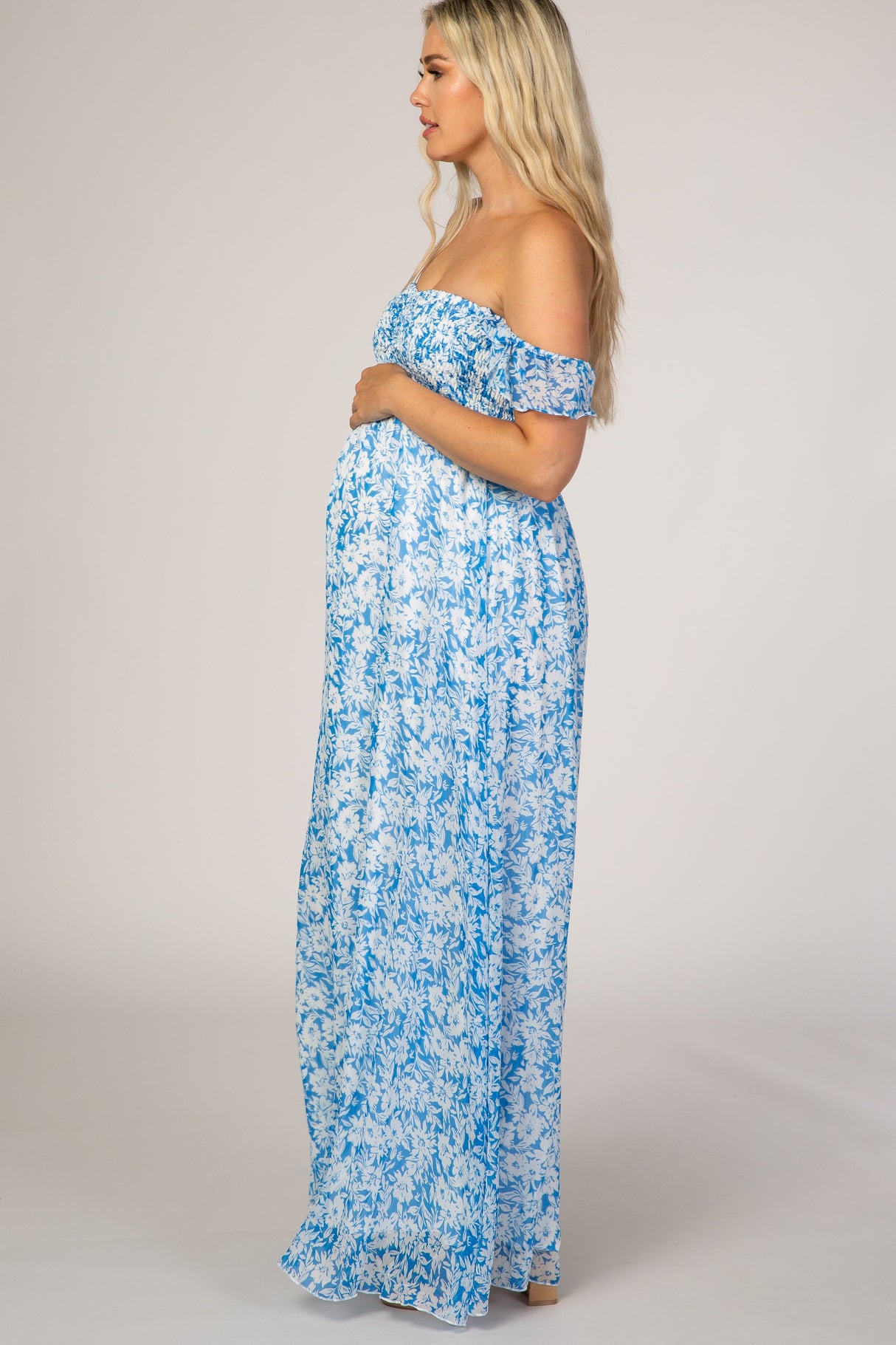 Blue Floral Flutter Sleeve Maternity Maxi Dress from PinkBlush
