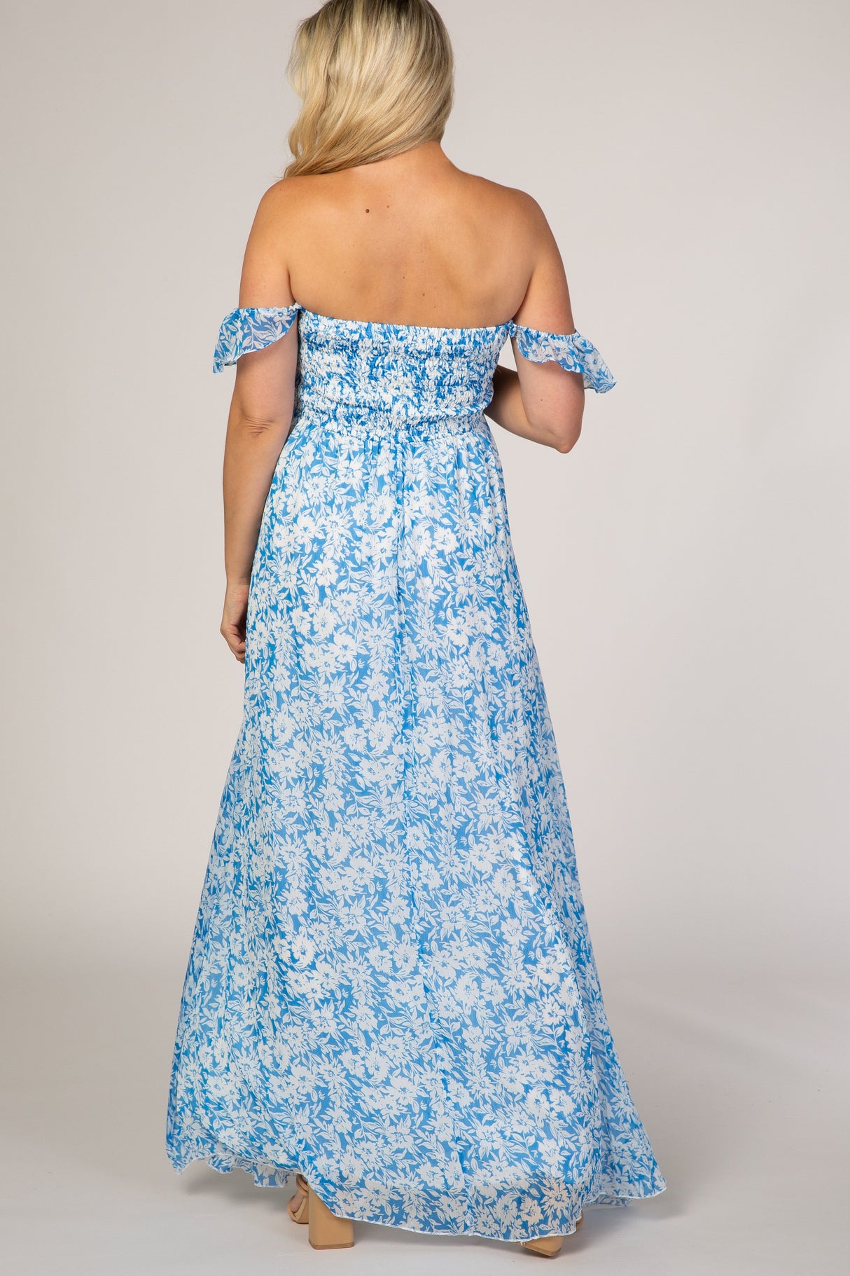 Blue Floral Flutter Sleeve Maternity Maxi Dress from PinkBlush