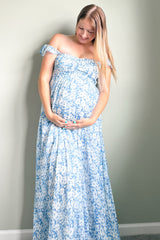 Blue Floral Flutter Sleeve Maternity Maxi Dress from PinkBlush