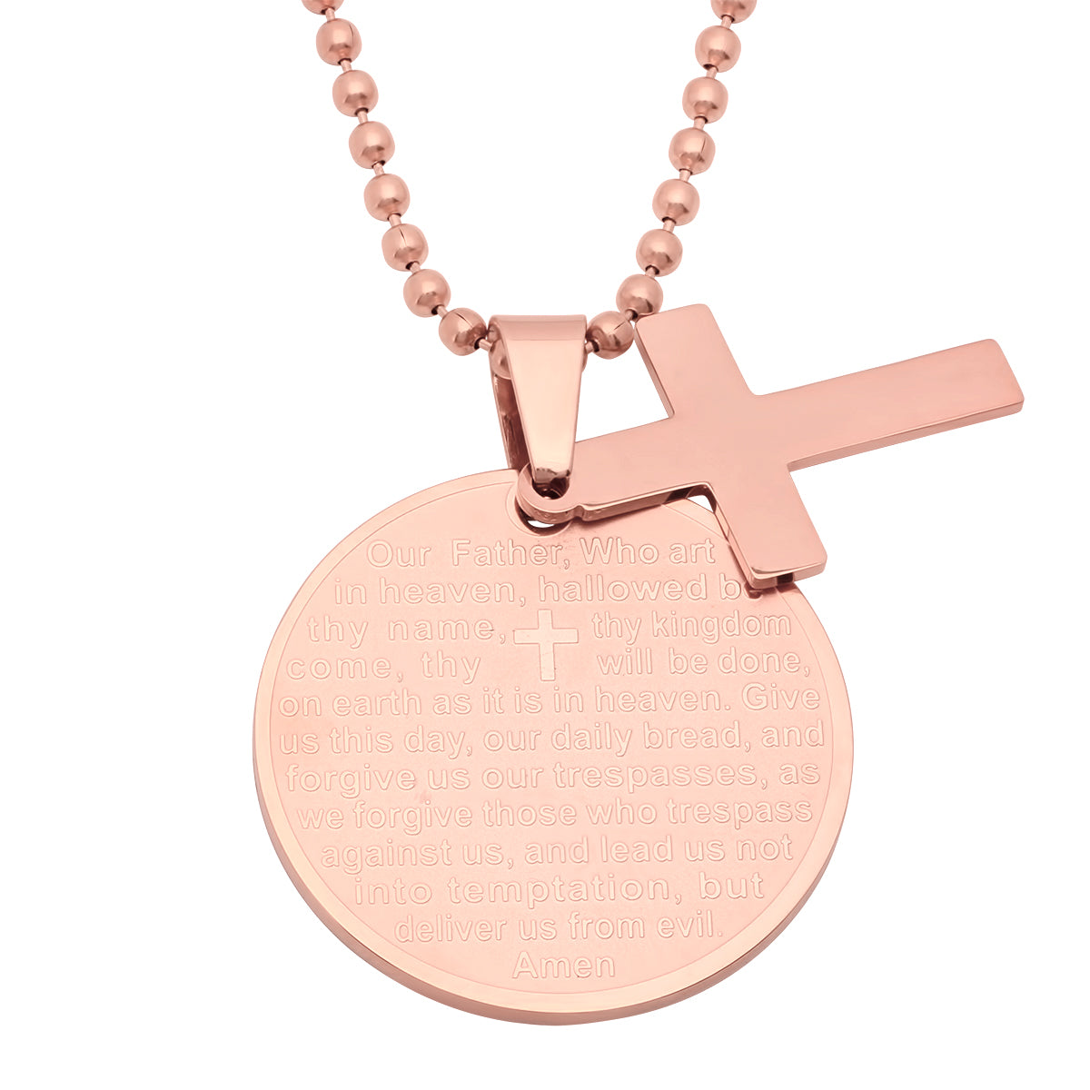 Rose Gold 18k Plated Stainless Steel Round Our Father Prayer Pendant With Cross From Steel Time