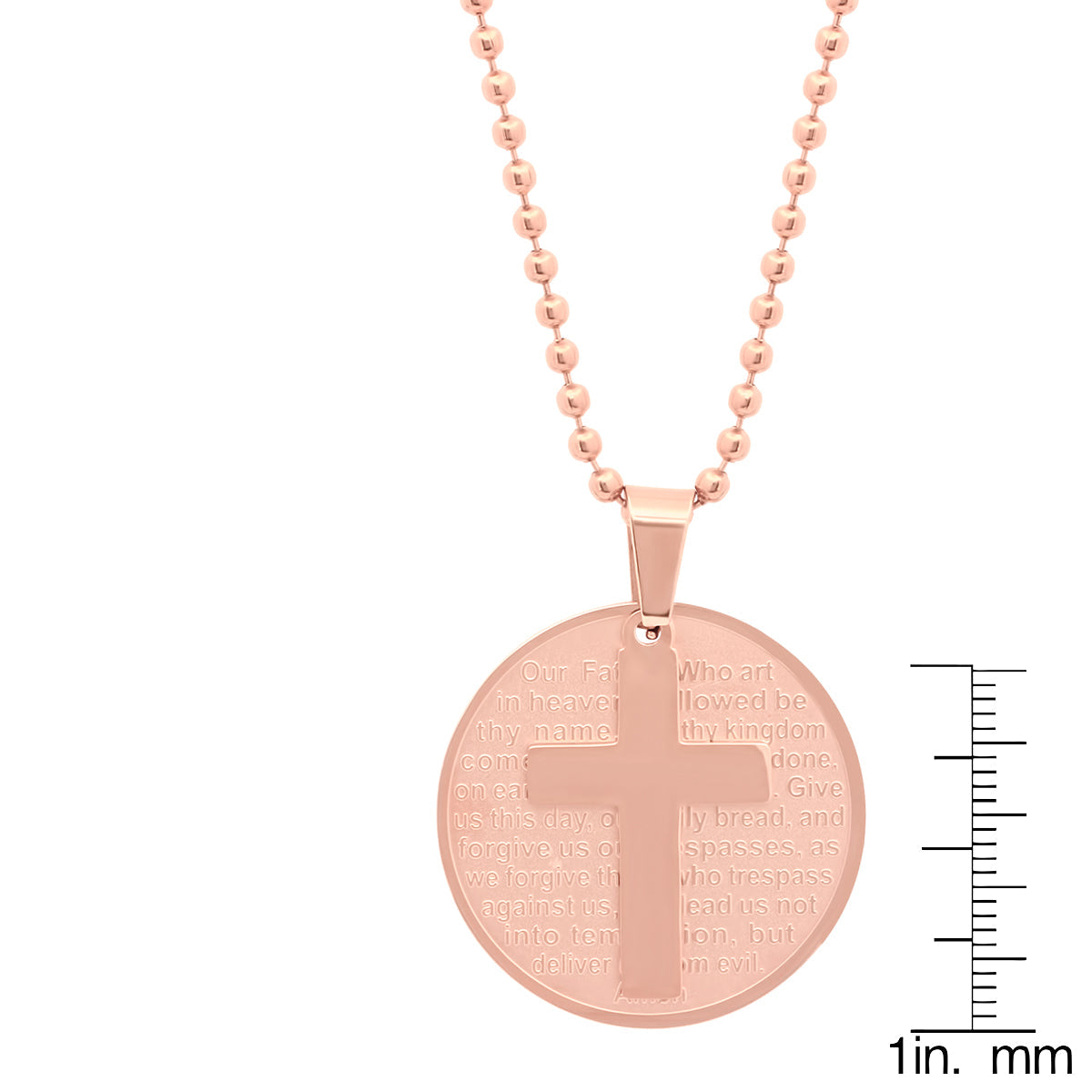 Rose Gold 18k Plated Stainless Steel Round Our Father Prayer Pendant With Cross From Steel Time