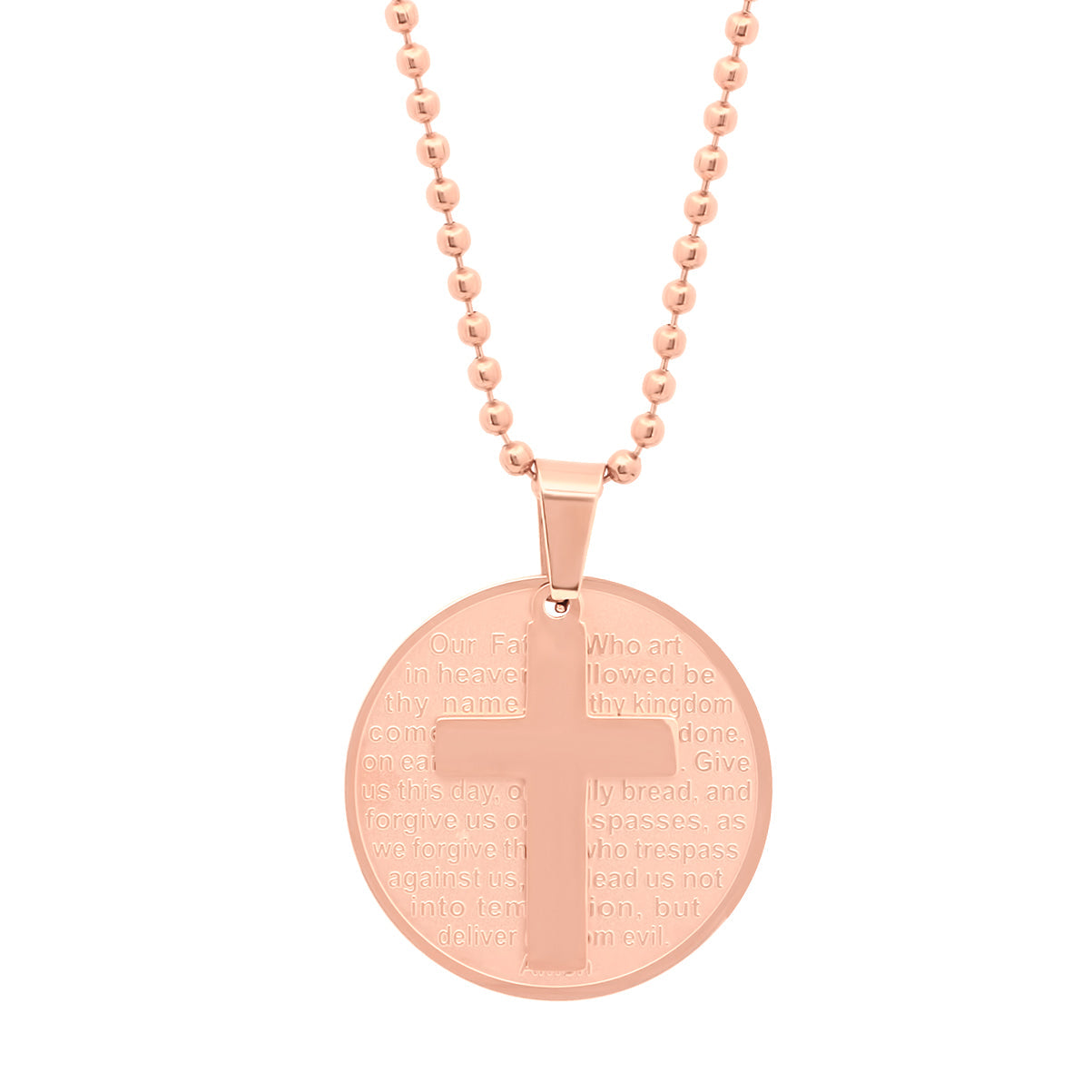Rose Gold 18k Plated Stainless Steel Round Our Father Prayer Pendant With Cross From Steel Time