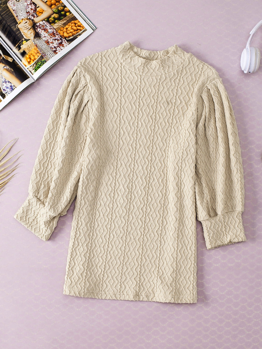Apricot Textured Vintage Mock Neck Top with Puff Sleeves from MsDressly