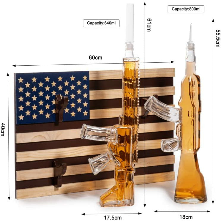 2 Gun Whiskey Decanters Set AR15 and AK47 Gun Decanter 1000ml American Flag Wall Rack by The Wine Savant - Veteran Gifts, Gun Lover Gifts, Tik Tok Gun Decanter, Military Gifts from The Wine Savant