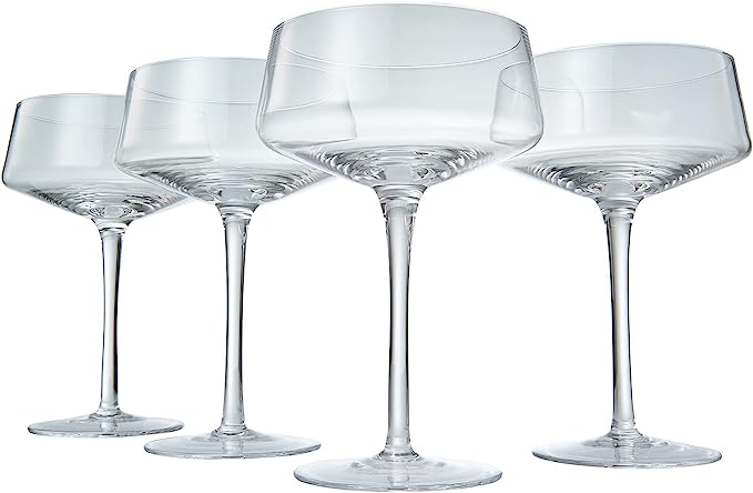 Luxury Martini Glass Set of 4 | 10oz | Crystal Luxury Martini with Silver Spoon, Premium Hand-Blown | Classic Cocktail & Champagne Clear Coupes For Manhattan, Cosmopolitan, Sidecar, Speakeasy Goblets from The Wine Savant