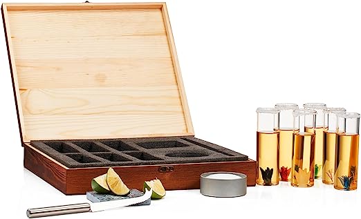 Tequila Shot Glass & Salt Gift Set for Men & Women | Six Agave Shot Glasses, Knife For Limes, One Skull Coaster, One Salt Tin | Skeleton Mahogany Wood Box Package For Tequila, Liquor Lovers from The Wine Savant