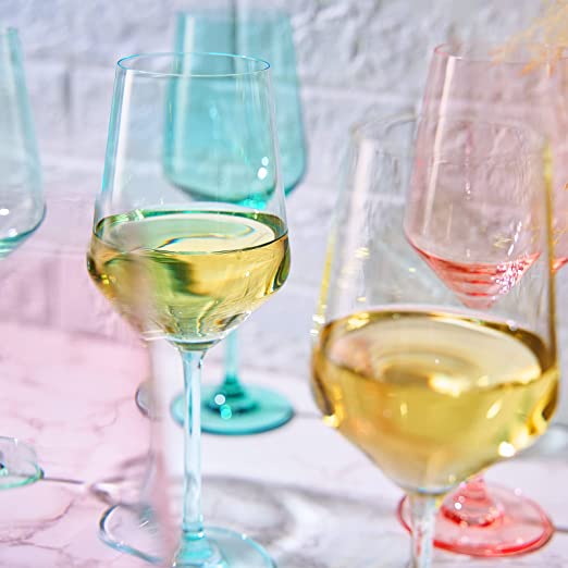 Colored Crystal Wine Glass Set of 6, Gift For Mothers Day, Her, Wife, Mom Friend - Large 12 oz Glasses, Unique Italian Style Tall Drinkware - Red & White, Dinner, Beautiful Glassware - (Summer) from The Wine Savant