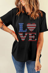 Black Rhinestone USA Flag Stripes and Stars LOVE Graphic T Shirt from MsDressly