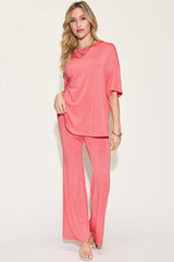 Basic Bae Full Size Bamboo Drop Shoulder T-Shirt and Flare Pants Set from Enfance-Heureuse
