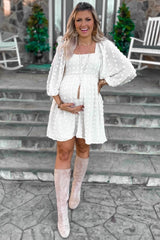 Beige Textured Dot Smocked Square Neck Chiffon Maternity Dress from PinkBlush