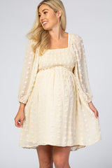Beige Textured Dot Smocked Square Neck Chiffon Maternity Dress from PinkBlush
