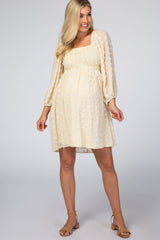 Beige Textured Dot Smocked Square Neck Chiffon Maternity Dress from PinkBlush