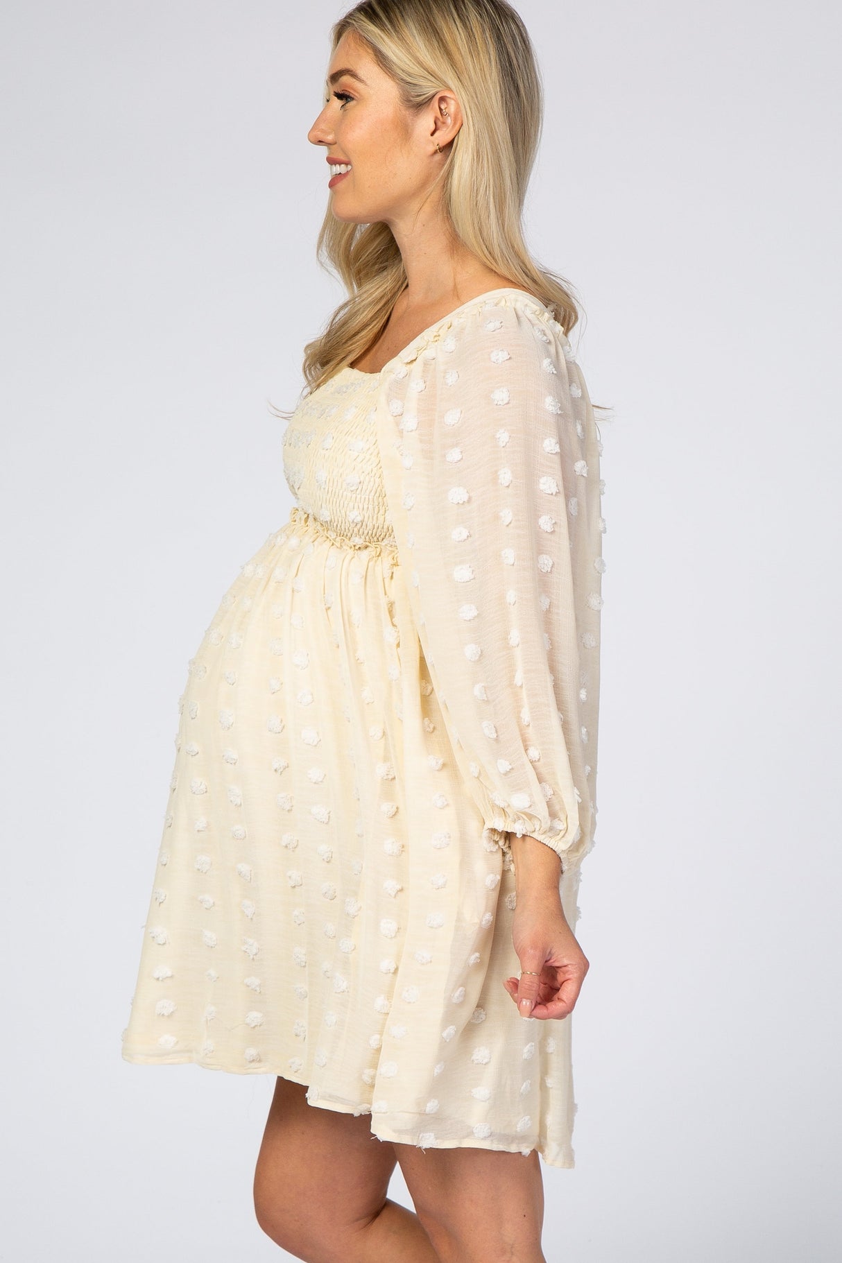Beige Textured Dot Smocked Square Neck Chiffon Maternity Dress from PinkBlush