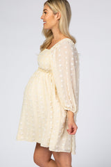 Beige Textured Dot Smocked Square Neck Chiffon Maternity Dress from PinkBlush