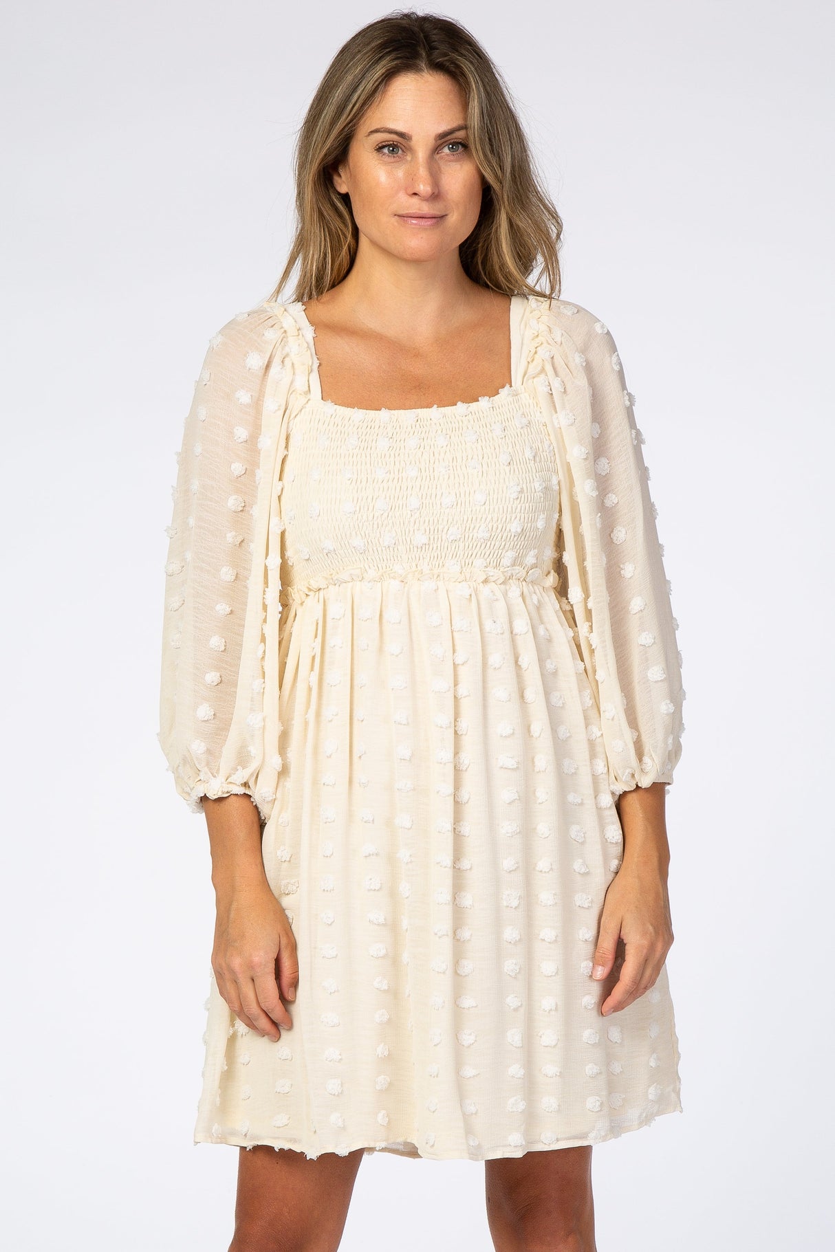 Beige Textured Dot Smocked Square Neck Chiffon Dress from PinkBlush