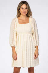 Beige Textured Dot Smocked Square Neck Chiffon Dress from PinkBlush