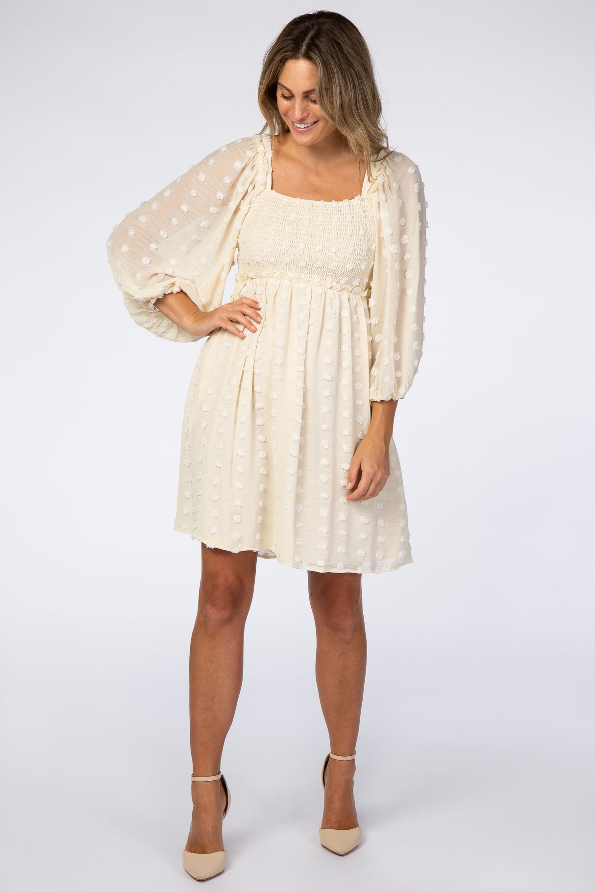 Beige Textured Dot Smocked Square Neck Chiffon Maternity Dress from PinkBlush