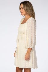 Beige Textured Dot Smocked Square Neck Chiffon Dress from PinkBlush