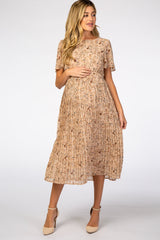 Beige Floral Pleated Short Sleeve Chiffon Maternity Midi Dress from PinkBlush