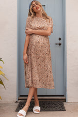 Beige Floral Pleated Short Sleeve Chiffon Maternity Midi Dress from PinkBlush