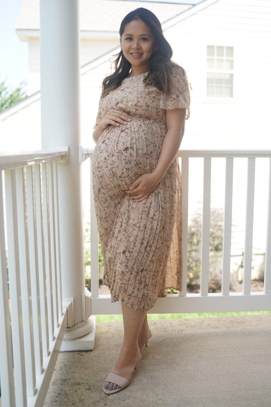 Beige Floral Pleated Short Sleeve Chiffon Maternity Midi Dress from PinkBlush