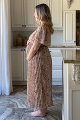 Beige Floral Pleated Short Sleeve Chiffon Maternity Midi Dress from PinkBlush