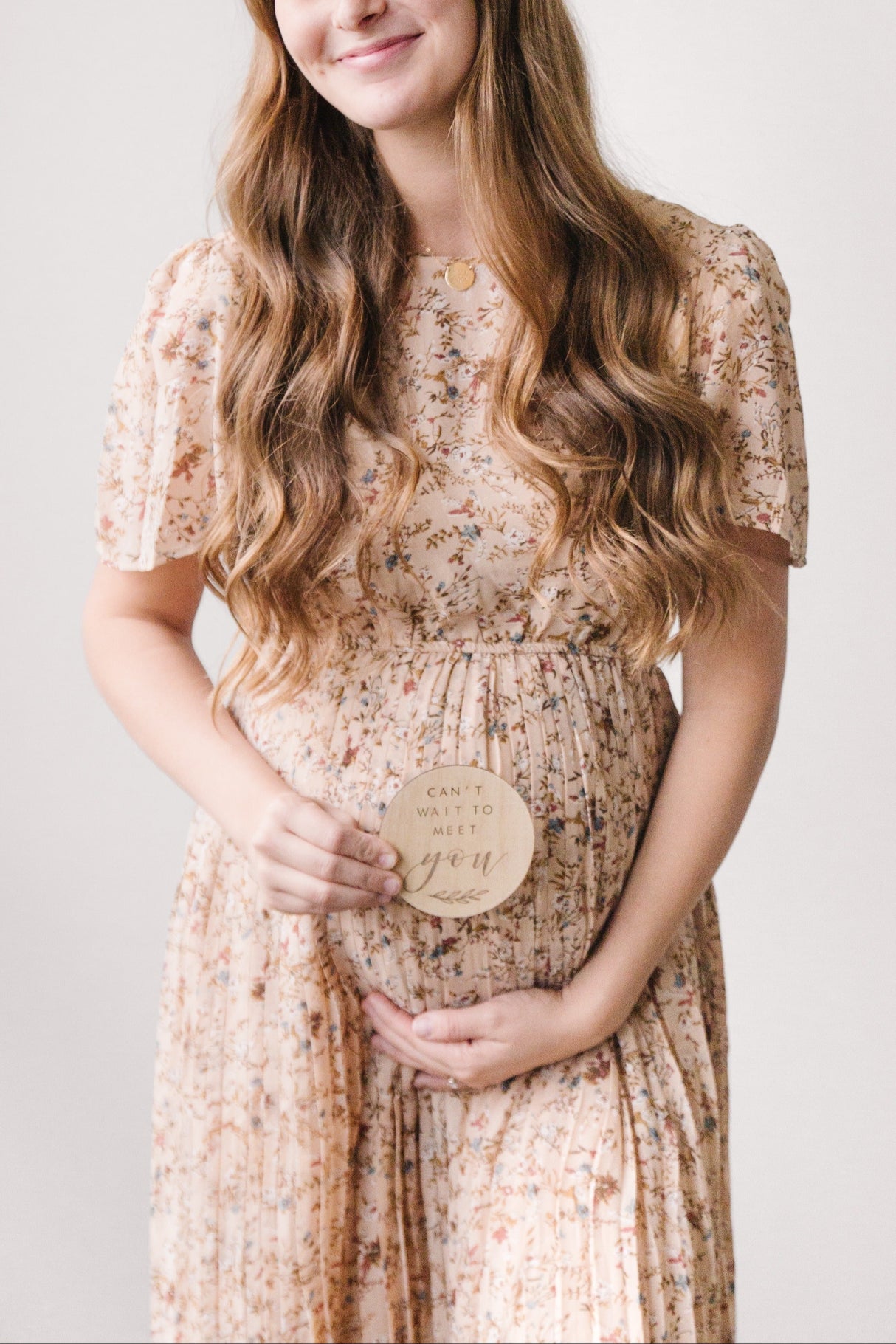 Beige Floral Pleated Short Sleeve Chiffon Maternity Midi Dress from PinkBlush