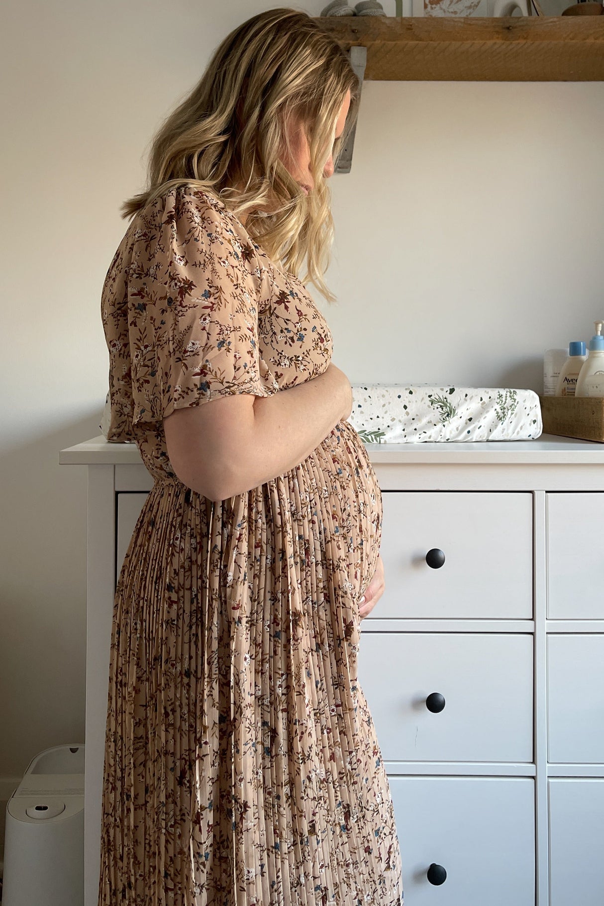 Beige Floral Pleated Short Sleeve Chiffon Maternity Midi Dress from PinkBlush