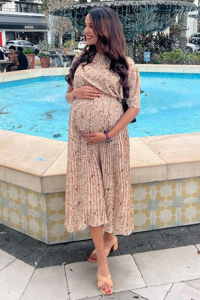 Beige Floral Pleated Short Sleeve Chiffon Maternity Midi Dress from PinkBlush