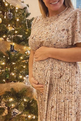 Beige Floral Pleated Short Sleeve Chiffon Maternity Midi Dress from PinkBlush