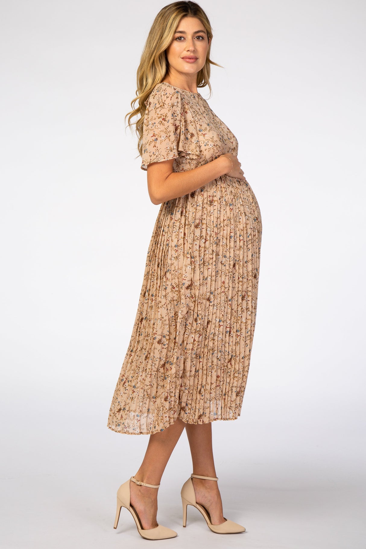 Beige Floral Pleated Short Sleeve Chiffon Maternity Midi Dress from PinkBlush