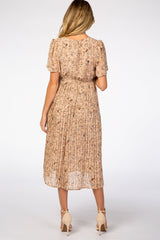 Beige Floral Pleated Short Sleeve Chiffon Maternity Midi Dress from PinkBlush