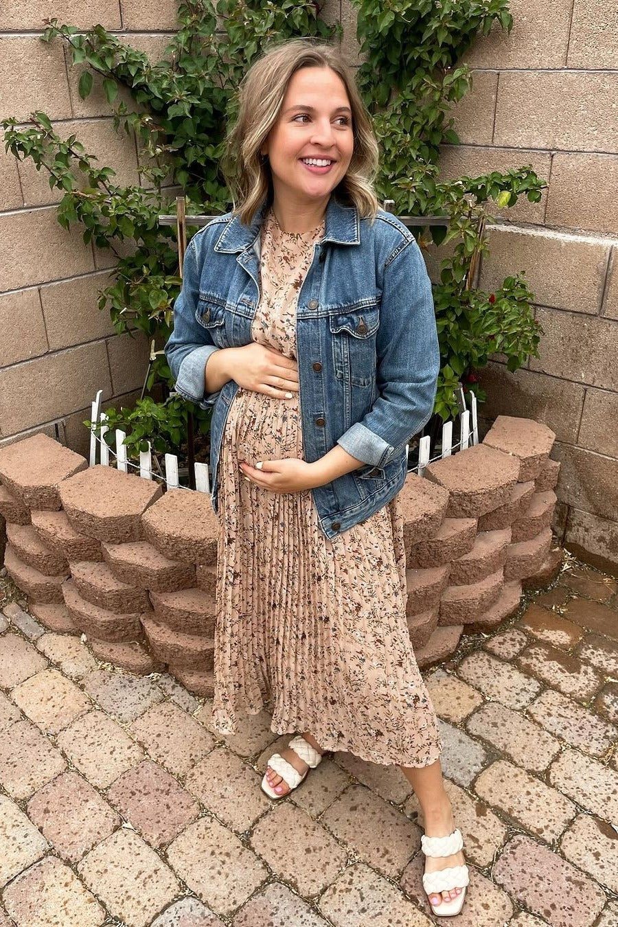 Beige Floral Pleated Short Sleeve Chiffon Maternity Midi Dress from PinkBlush