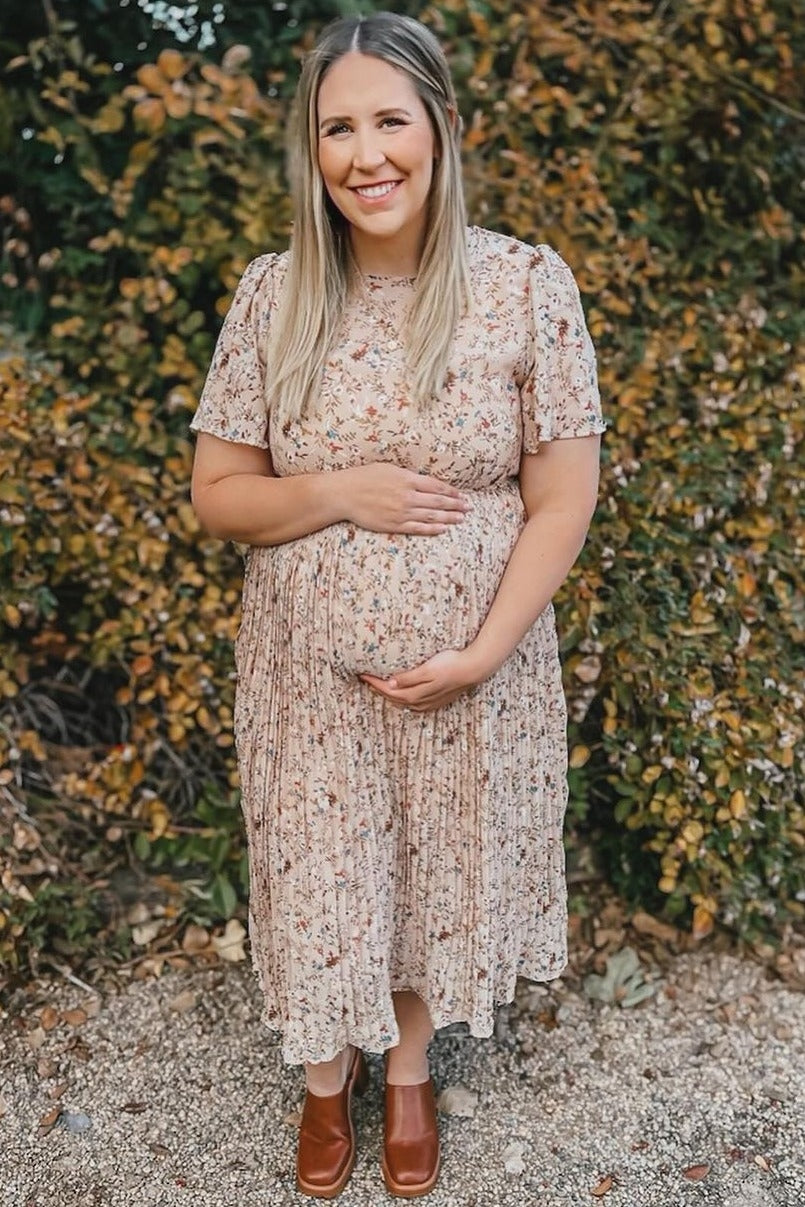 Beige Floral Pleated Short Sleeve Chiffon Maternity Midi Dress from PinkBlush