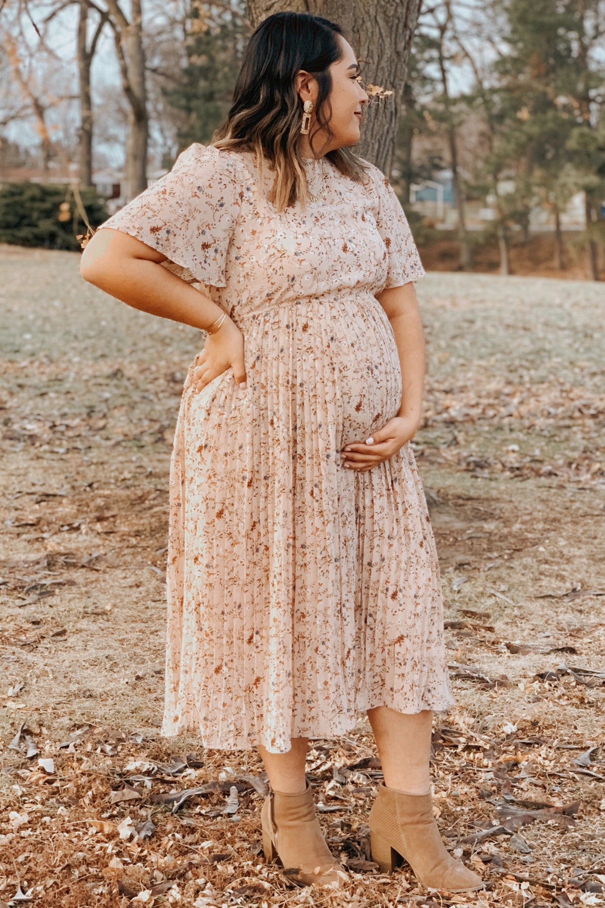 Beige Floral Pleated Short Sleeve Chiffon Maternity Midi Dress from PinkBlush