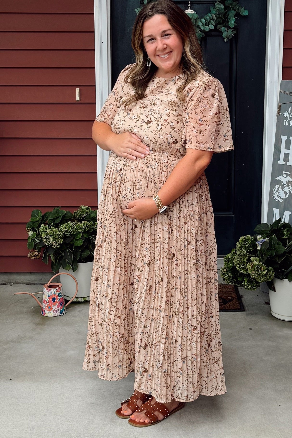 Beige Floral Pleated Short Sleeve Chiffon Maternity Midi Dress from PinkBlush