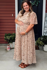 Beige Floral Pleated Short Sleeve Chiffon Maternity Midi Dress from PinkBlush