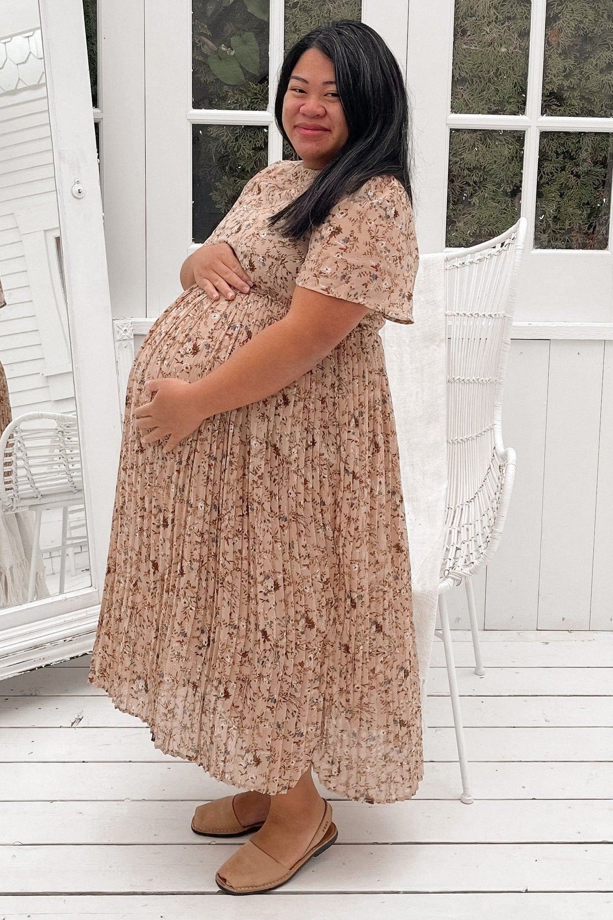 Beige Floral Pleated Short Sleeve Chiffon Maternity Midi Dress from PinkBlush