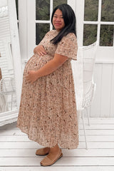 Beige Floral Pleated Short Sleeve Chiffon Maternity Midi Dress from PinkBlush