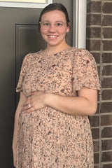 Beige Floral Pleated Short Sleeve Chiffon Maternity Midi Dress from PinkBlush