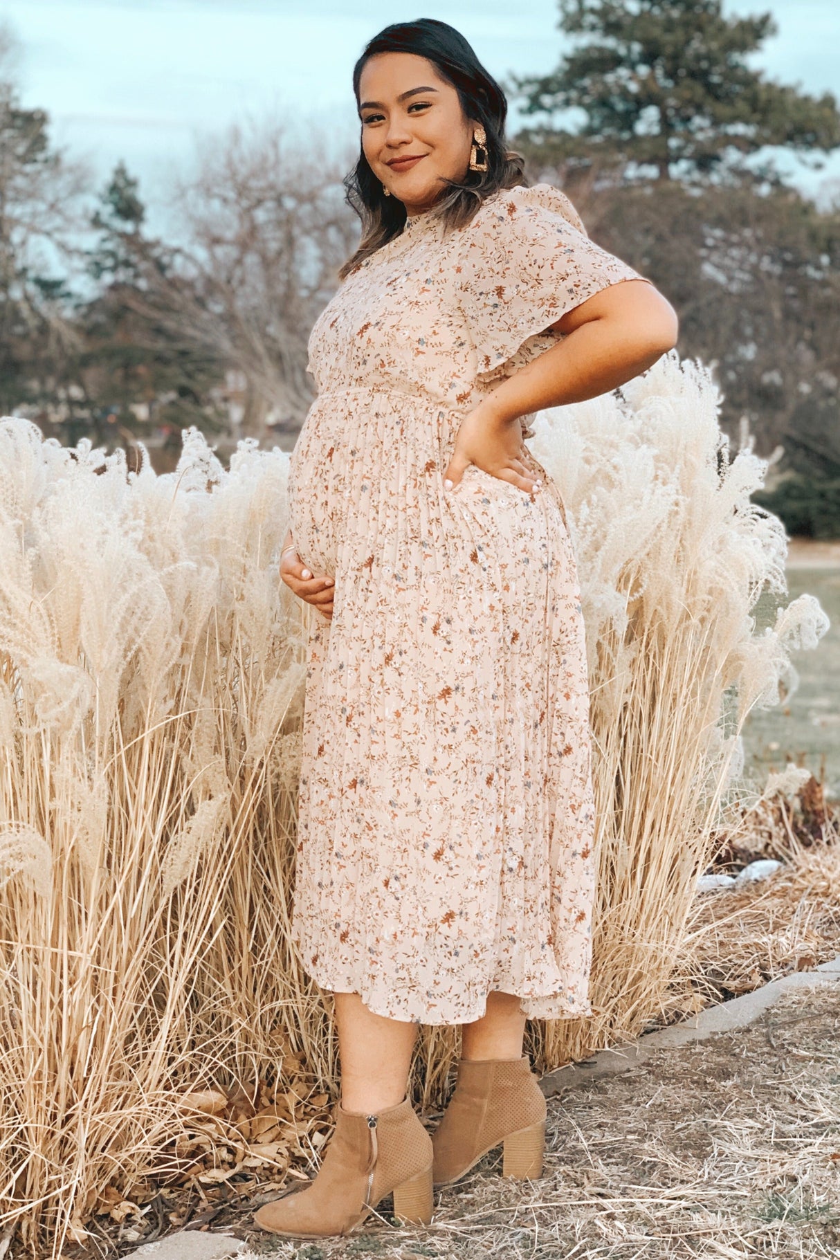 Beige Floral Pleated Short Sleeve Chiffon Maternity Midi Dress from PinkBlush