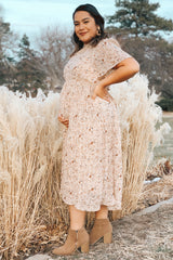 Beige Floral Pleated Short Sleeve Chiffon Maternity Midi Dress from PinkBlush