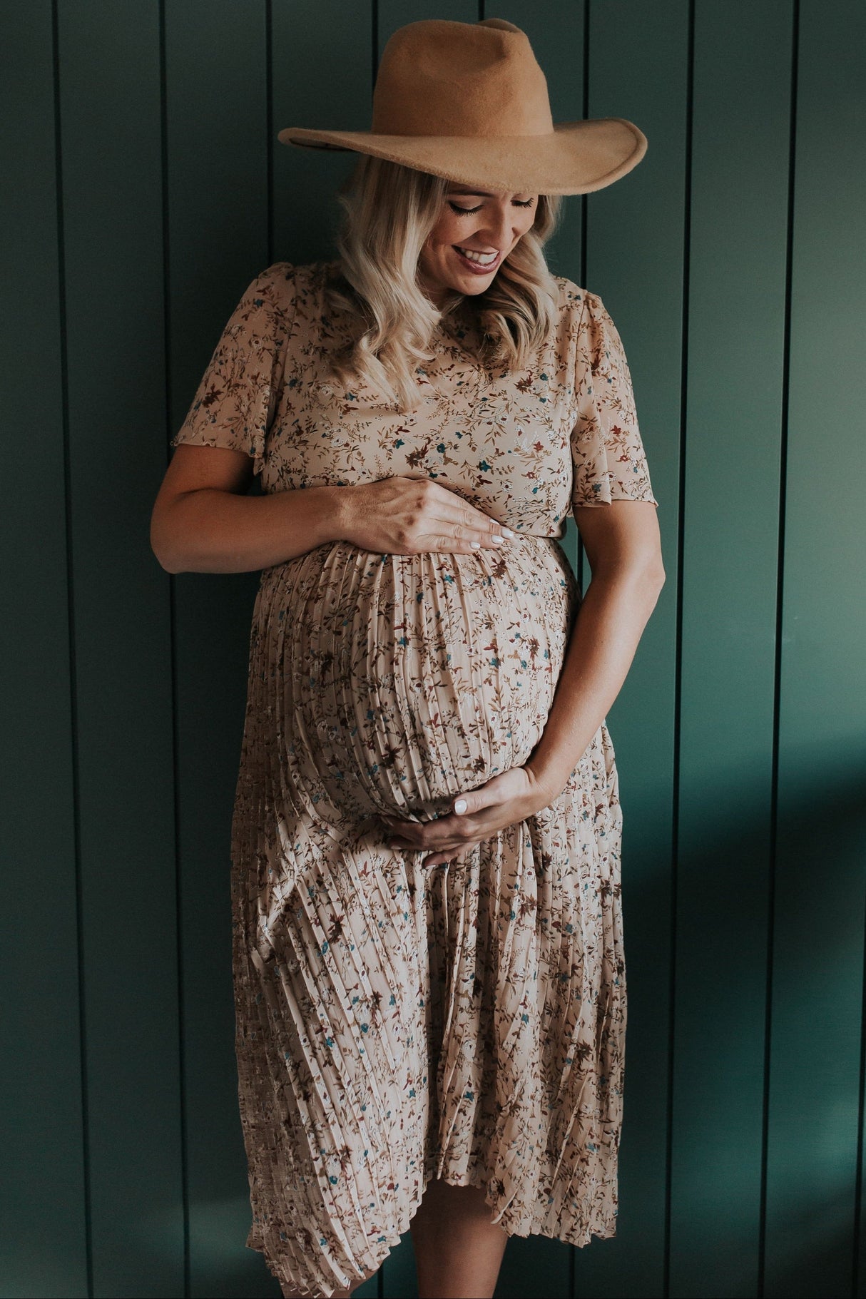 Beige Floral Pleated Short Sleeve Chiffon Maternity Midi Dress from PinkBlush