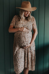 Beige Floral Pleated Short Sleeve Chiffon Maternity Midi Dress from PinkBlush