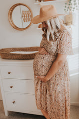 Beige Floral Pleated Short Sleeve Chiffon Maternity Midi Dress from PinkBlush