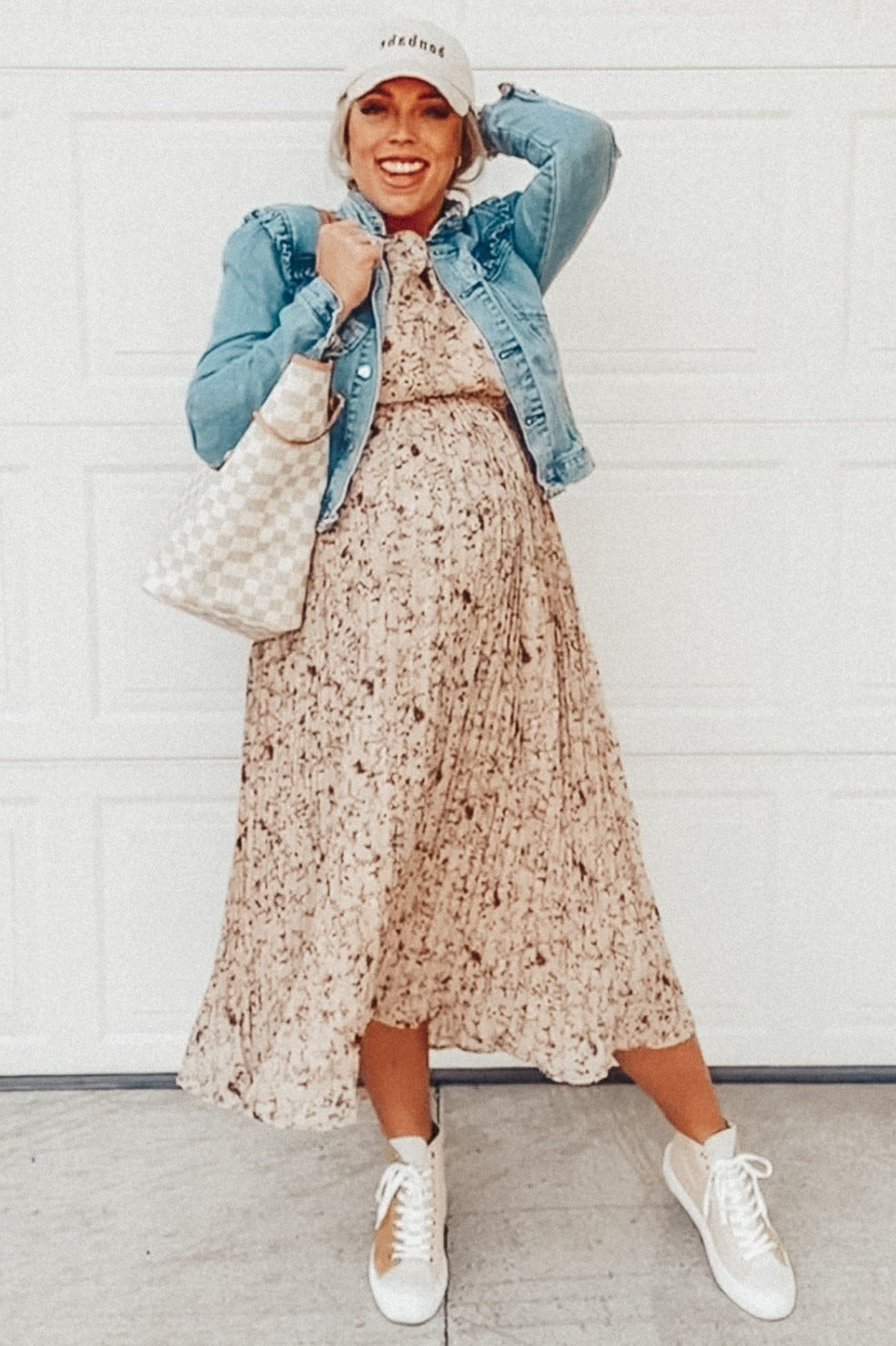 Beige Floral Pleated Short Sleeve Chiffon Maternity Midi Dress from PinkBlush