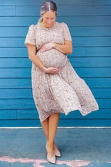 Beige Floral Pleated Short Sleeve Chiffon Maternity Midi Dress from PinkBlush