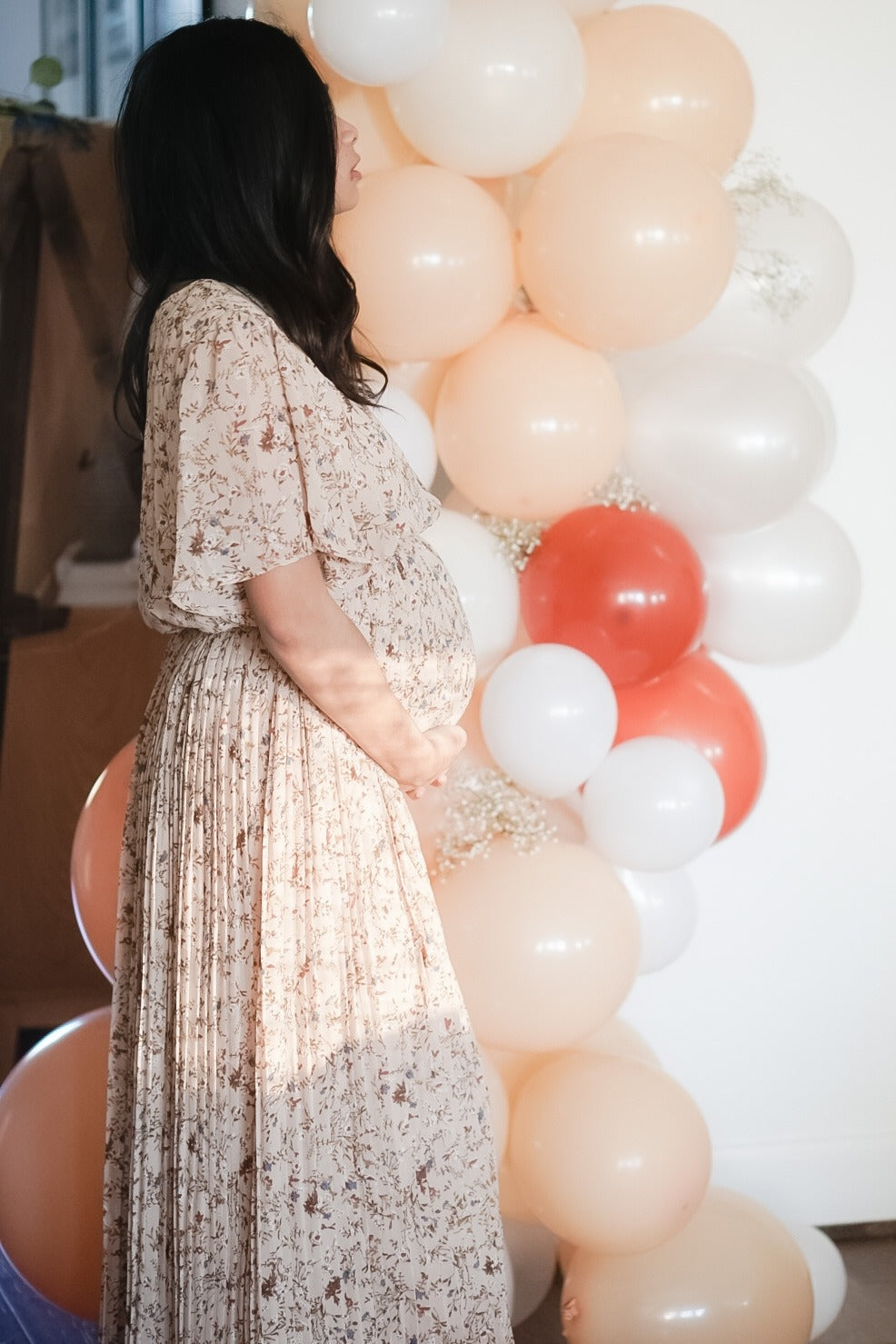 Beige Floral Pleated Short Sleeve Chiffon Maternity Midi Dress from PinkBlush